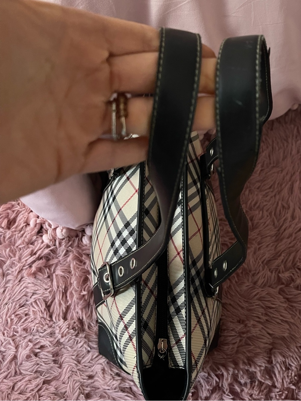 Beige Plaid Tote Bag with Black Trim - Picture 7 of 7